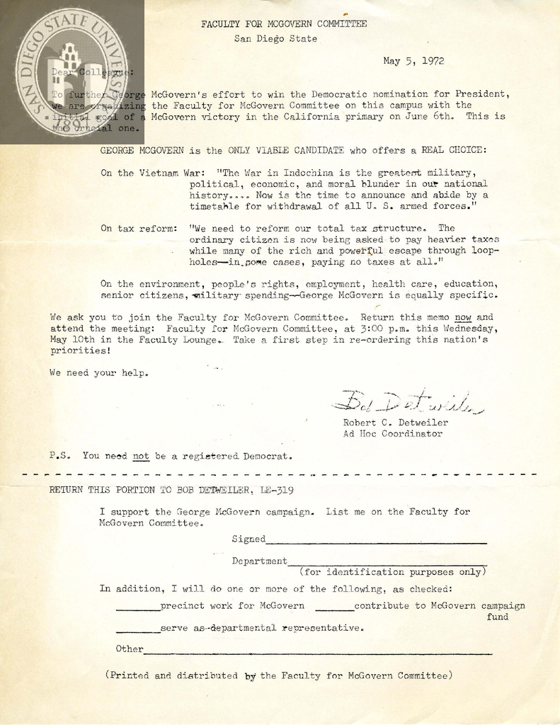 Letter to San Diego State College Faculty, 1972