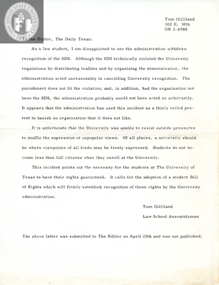 Letter to the Daily Texan Editor, 1967