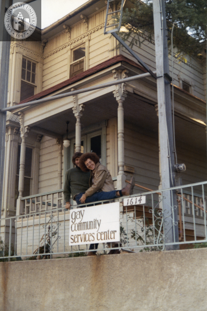 Two men on the porch of the Los Angeles Gay Community Services Center