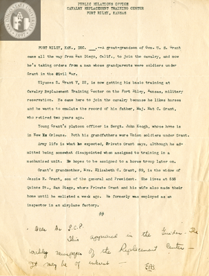 Press release from Fort Riley, Kansas, 1942