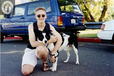 Dorian Erickson and dog at San Diego Pride, 1995
