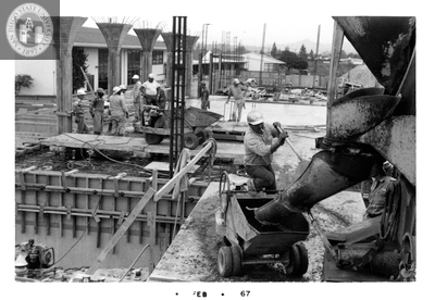 Laying the first deck, second level, Aztec Center, 1967