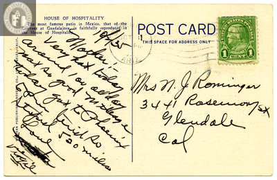 Postcard back, House of Hospitality, 1935