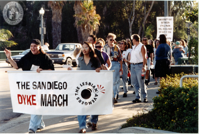Lesbian Avengers banner in the San Diego Dyke March, 1996