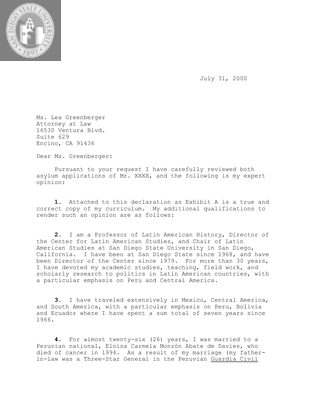 Affidavit for political asylum for a Peruvian, 2000