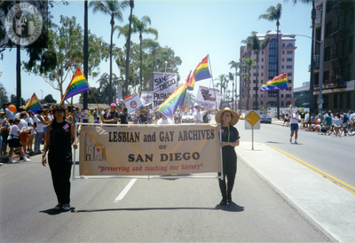Pride parade banner for the Lesbian and Gay Archives of San Diego, 1992