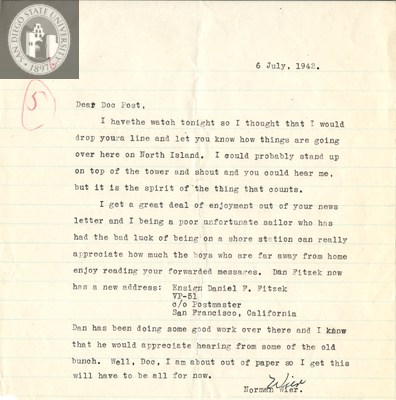 Letter from R. Norman Wier, 1942
