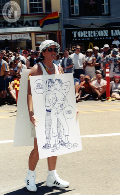 Cartoon drawing poster at Pride parade, 1999