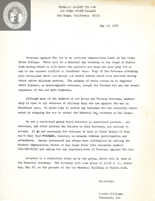 Letter from Veterans Against the War, 1970