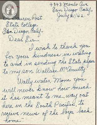 Letter from Audrey E. McAnulty, 1942
