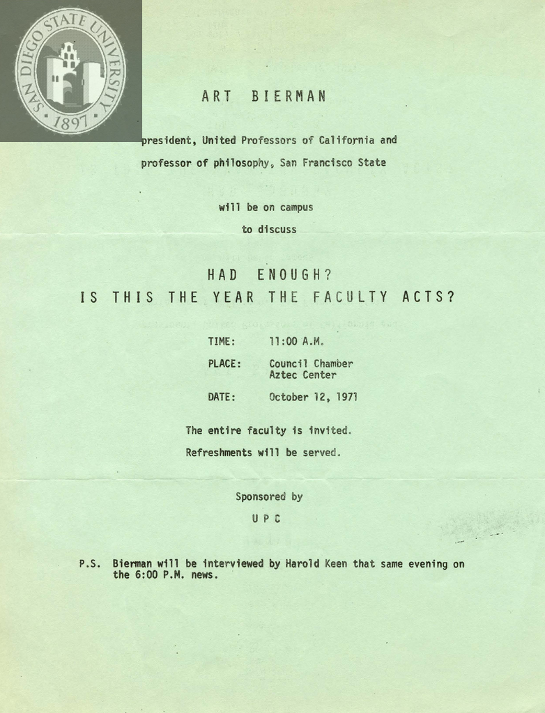 Flyer for discussion with Art K. Bierman, 1971