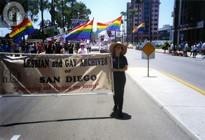 "Lesbian and Gay Archives of San Diego" banner in Pride parade, 1992