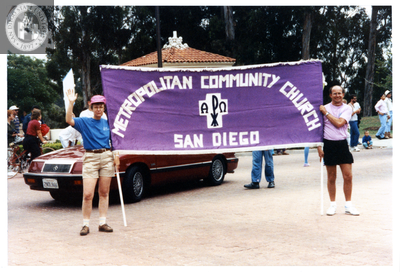 "Metropolitan Community Church San Diego" banner in Pride parade, 1998