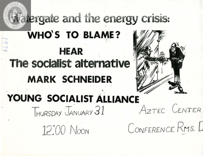 Flyer for lecture by Mark Schneider, 1974