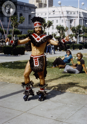 Feather-costumed person at San Francisco Pride Parade, 1982