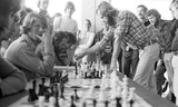 Jim Macki plays chess outside Love Library, 1975