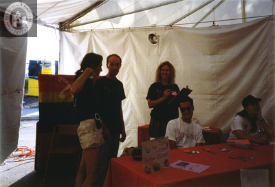 Debbie Zierman in the Lesbian and Gay Archives of San Diego tent, 1992