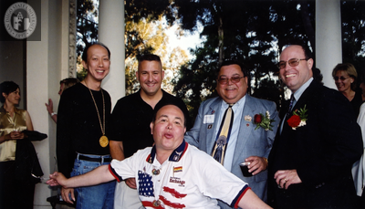Nicole Murray-Ramirez, Bob Lehman, John Laird, Aaron Borovoy at Pride rally, 2001