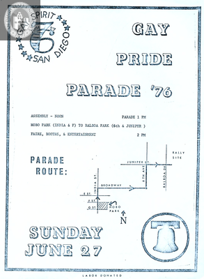 Flyer for "Gay Pride Parade '76, Gay Spirit 76 San Diego, June 27," 1976