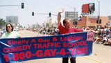 Gay & Lesbian Comedy Traffic School banner in Pride parade, 1998