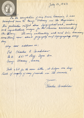 Letter from Charles Bradshaw, 1943