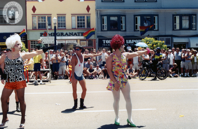 Village People with drag queens dancing in Pride parade, 19999