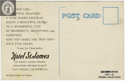 Back of postcard Hotel St. James, San Diego, 1913