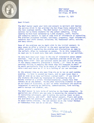 Letter and flyer for the HELP Center, 1971