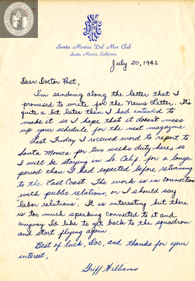 Letter from Griff Williams, 1942