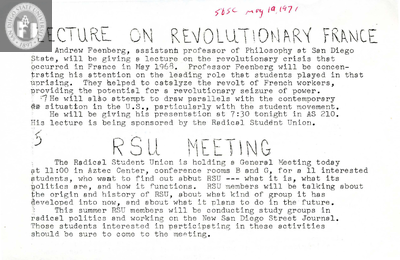 Flyer for lecture and Radical Student Union (RSU) meeting, 1971