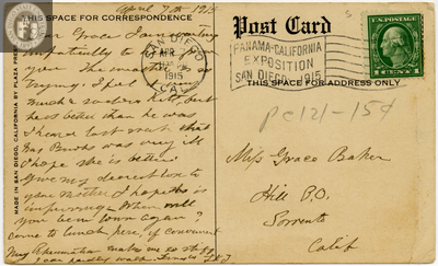 Back of postcard of Hotel Florence in San Diego