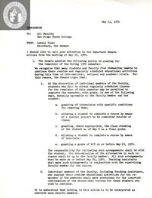 Memorandum to San Diego State College faculty, 1970