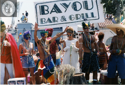 People in Mardi Gras masks, Bayou Bar & Grill, Pride parade, 1996
