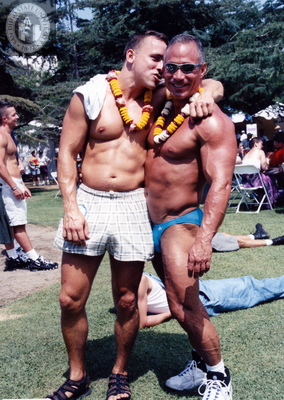 Shirtless men at Pride parade, 1998