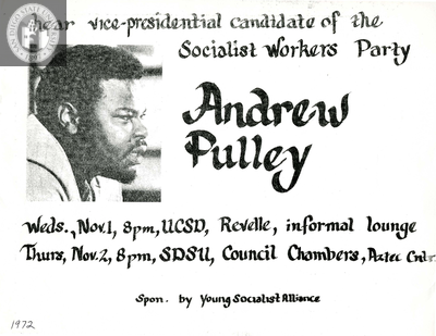 Flyer for talks by Andrew Pulley, 1972