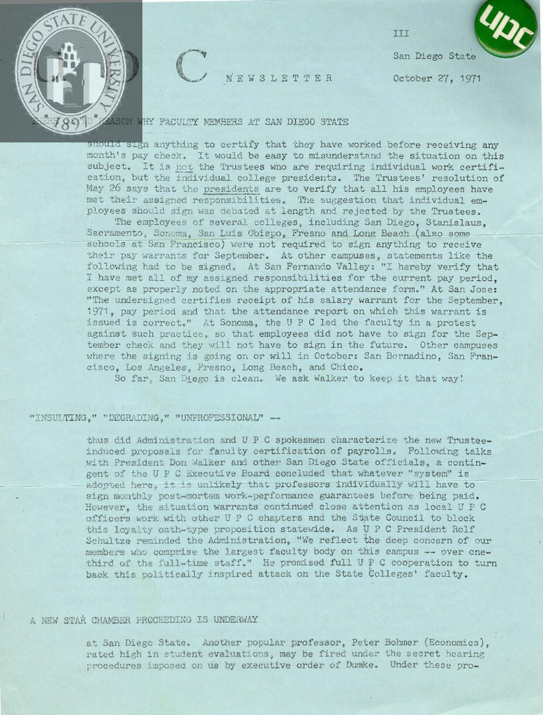 U.P.C. newsletter, 1971
