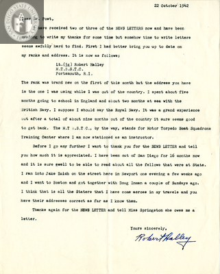 Letter from Robert Halley, 1942
