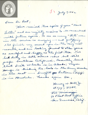 Letter from Harvey W. Hall, Jr., 1942
