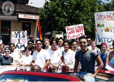 Wilson Cruz with crowd at San Diego LGBT Pride parade, 1996