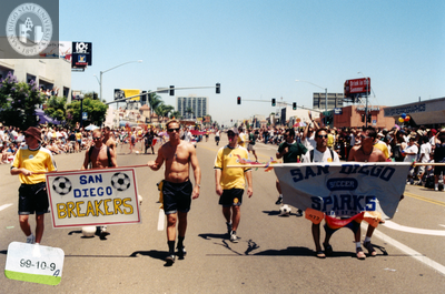 "San Diego Breakers" and "San Diego Soccer Sparks" banners at Pride parade, 1999