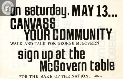Flyer for McGovern canvassing event and lecture, 1972