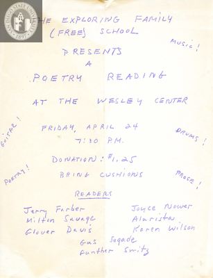 Flyer for a poetry reading at the Wesley Center