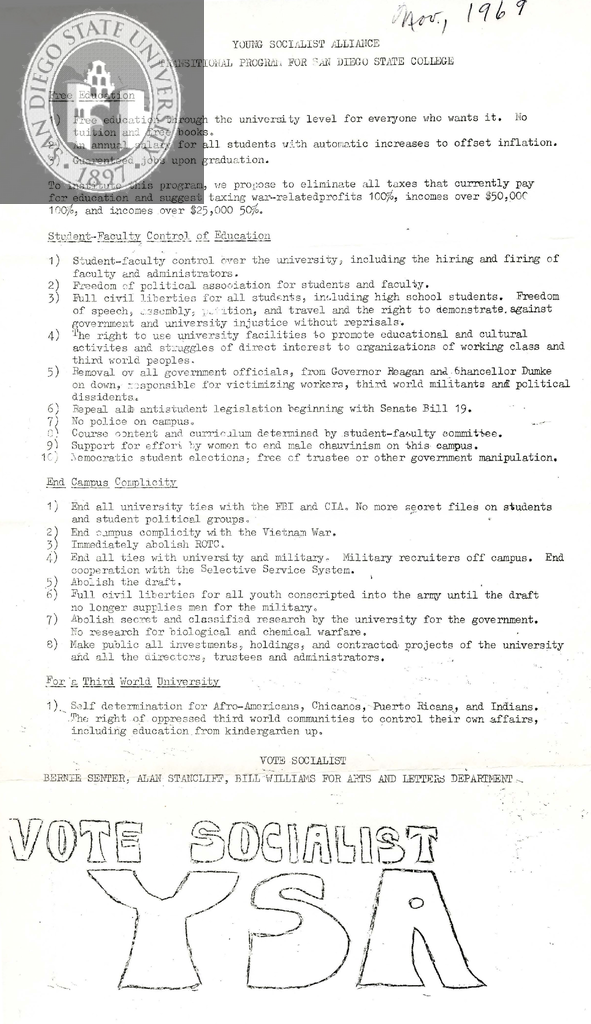 Young Socialist Alliance transitional program for San Diego State College, 1969