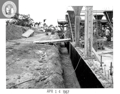 Backfilling west wall, Aztec Center, 1967
