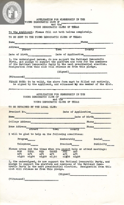 Application for membership in the Young Democratic Club of Texas
