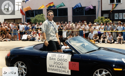 Mr. Gay San Diego, Maynard Dimmesdale, in Pride parade, 2000