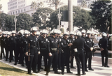 Police line up in riot gear at Los Angeles antiwar march, 1971