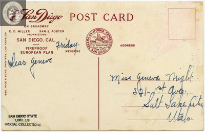 Back of postcard, The San Diego Hotel, San Diego