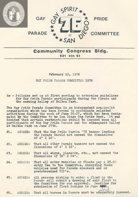 Gay Pride Parade Committee's restrictions on participants, 1976