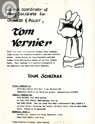 Flyer for San Diego events with Tom Vernier, 1972